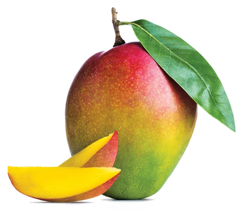 A stock image of a ripe mango with two small sliced pieces in front 